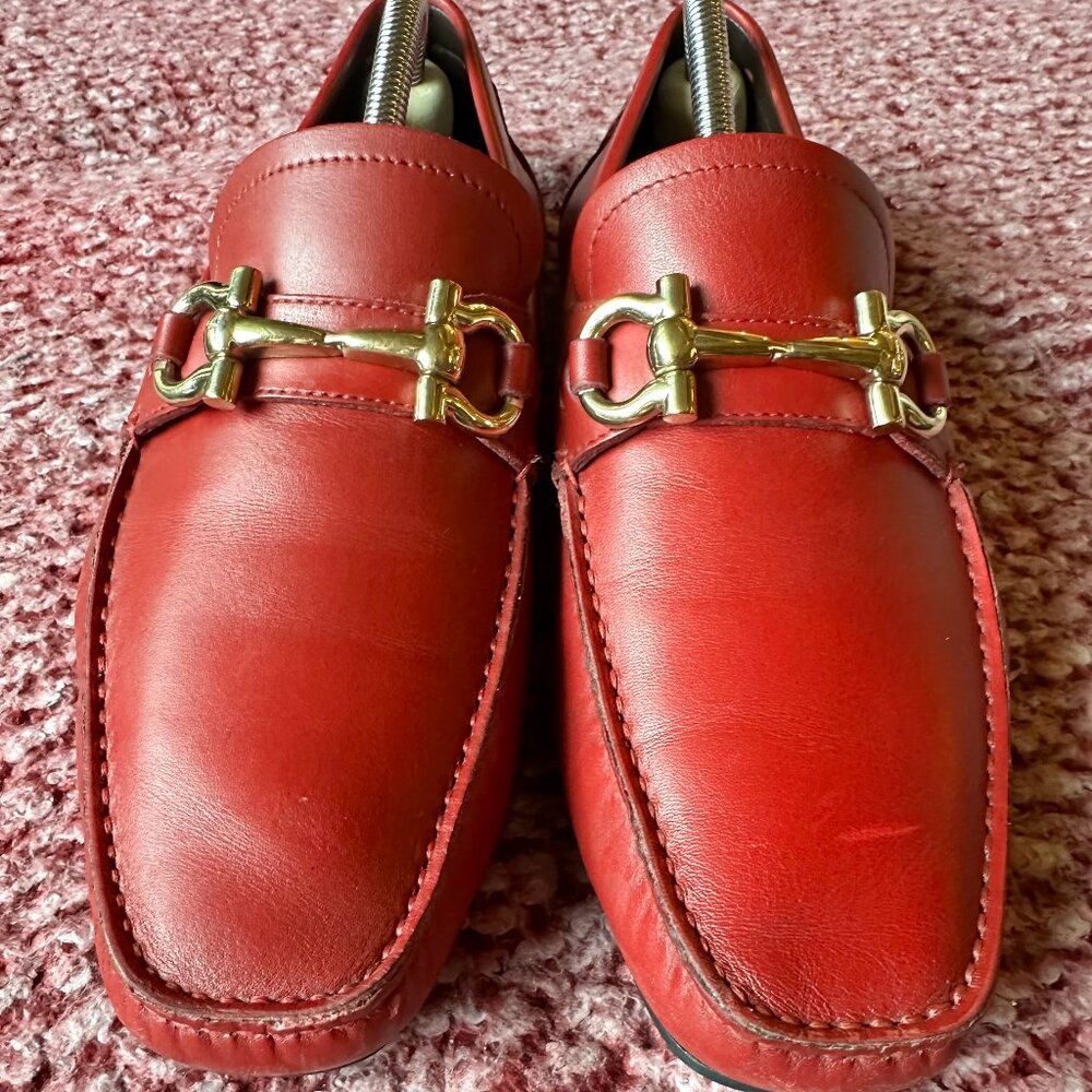 S. Ferragamo Parigi Gancini Bit Driving Loafers – Red Leather Size 6.5 fits 7.5
